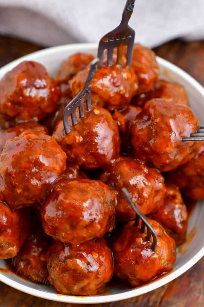 overhead image: bowl of mini beef meatball appetizers