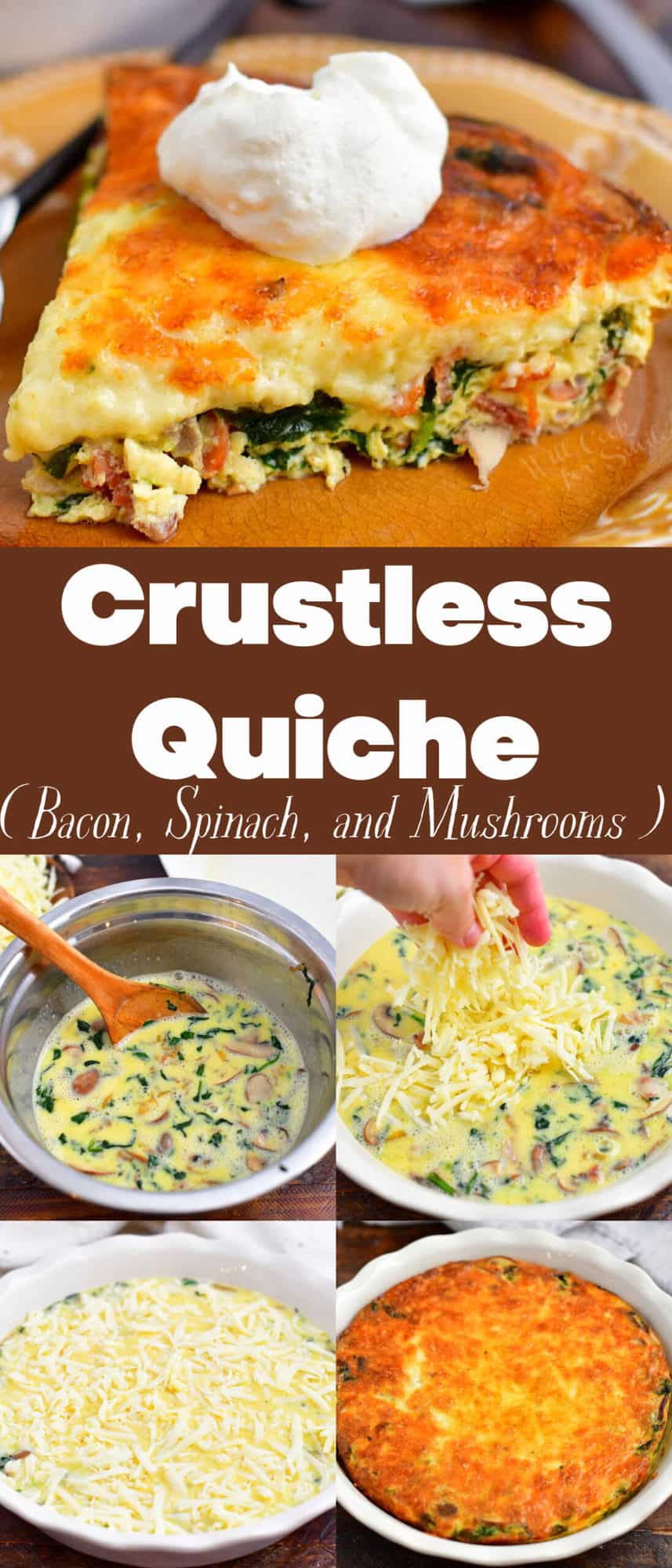 The title card for crustless quiche has images of the process and final result of the recipe.