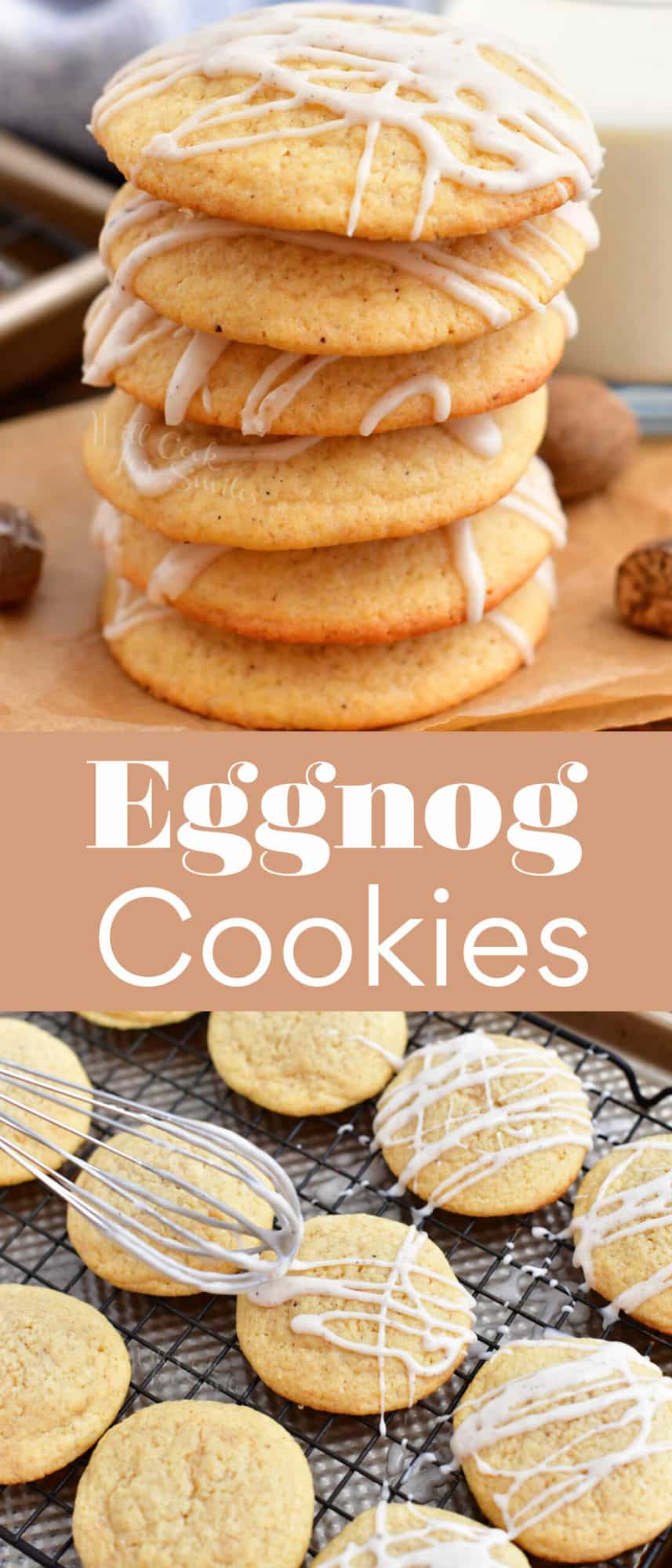 Eggnog cookies are both stacked in a pile and spread on a wire cooling rack.