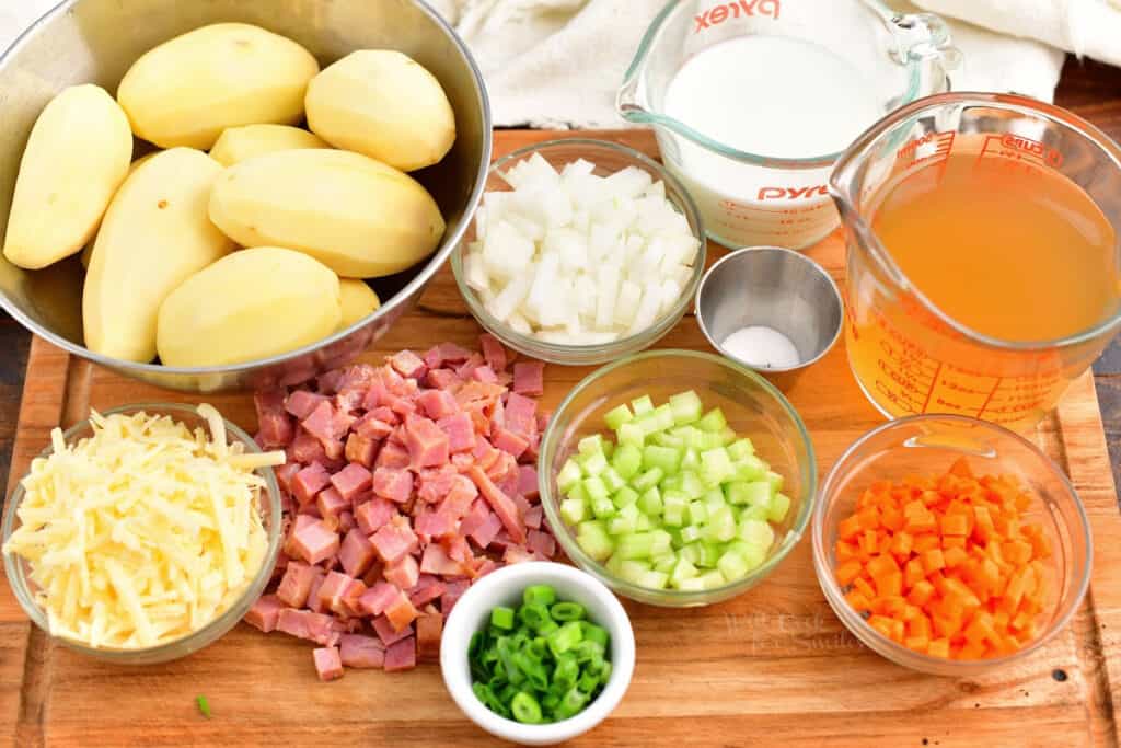 prepared ingredients on cutting board to make ham and potato soup recipe