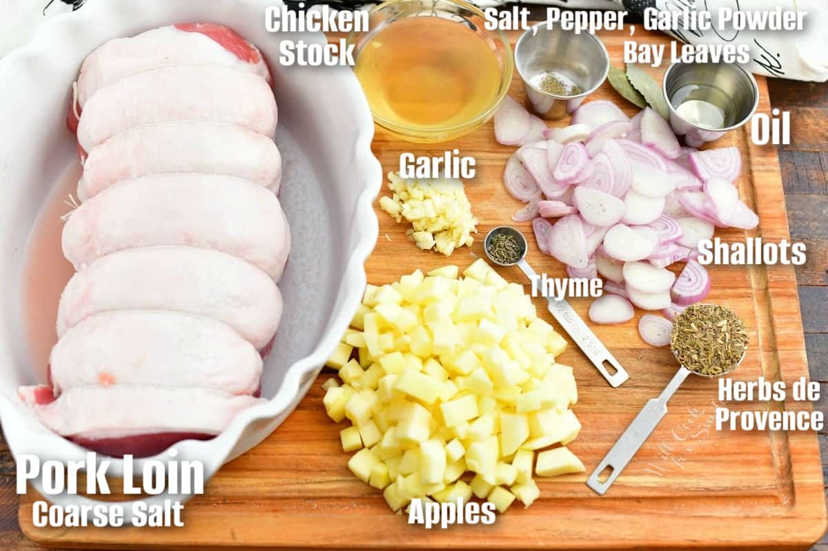 labeled ingredients for making roasted pork loin on cutting board.