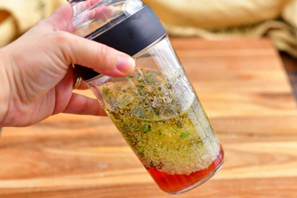 ingredients for vinaigrette recipe being shaken together