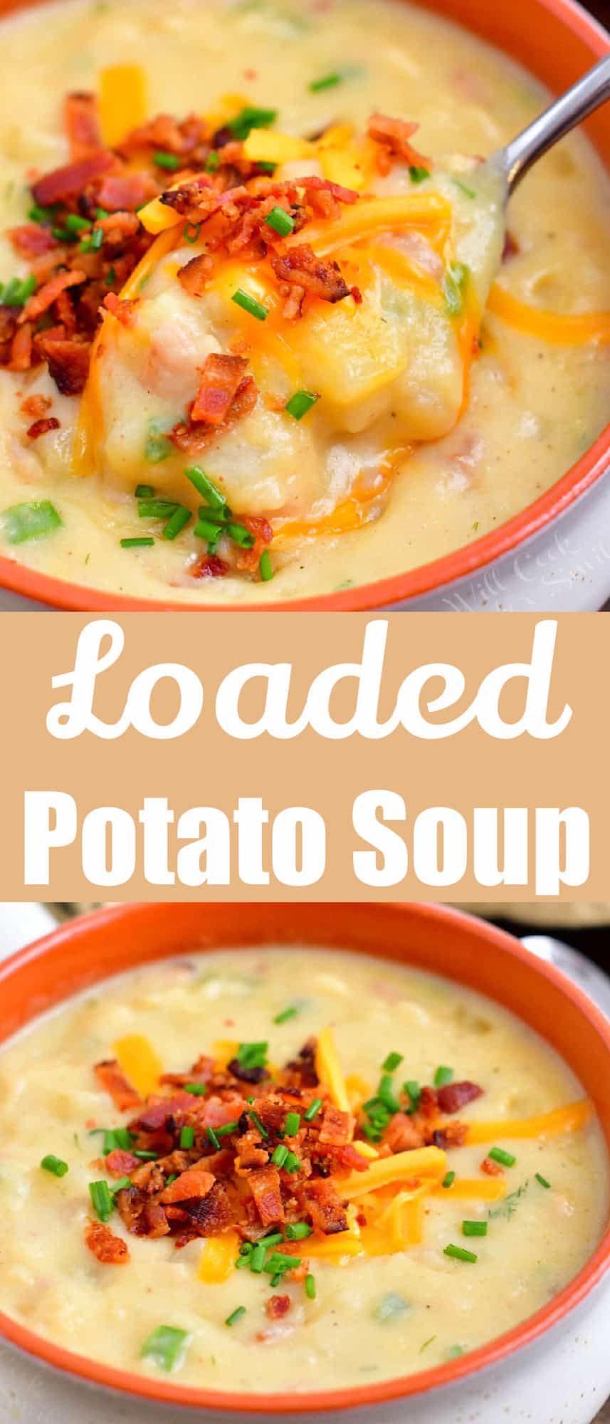 collage image of title and two photos of loaded baked potato soup in a bowl 