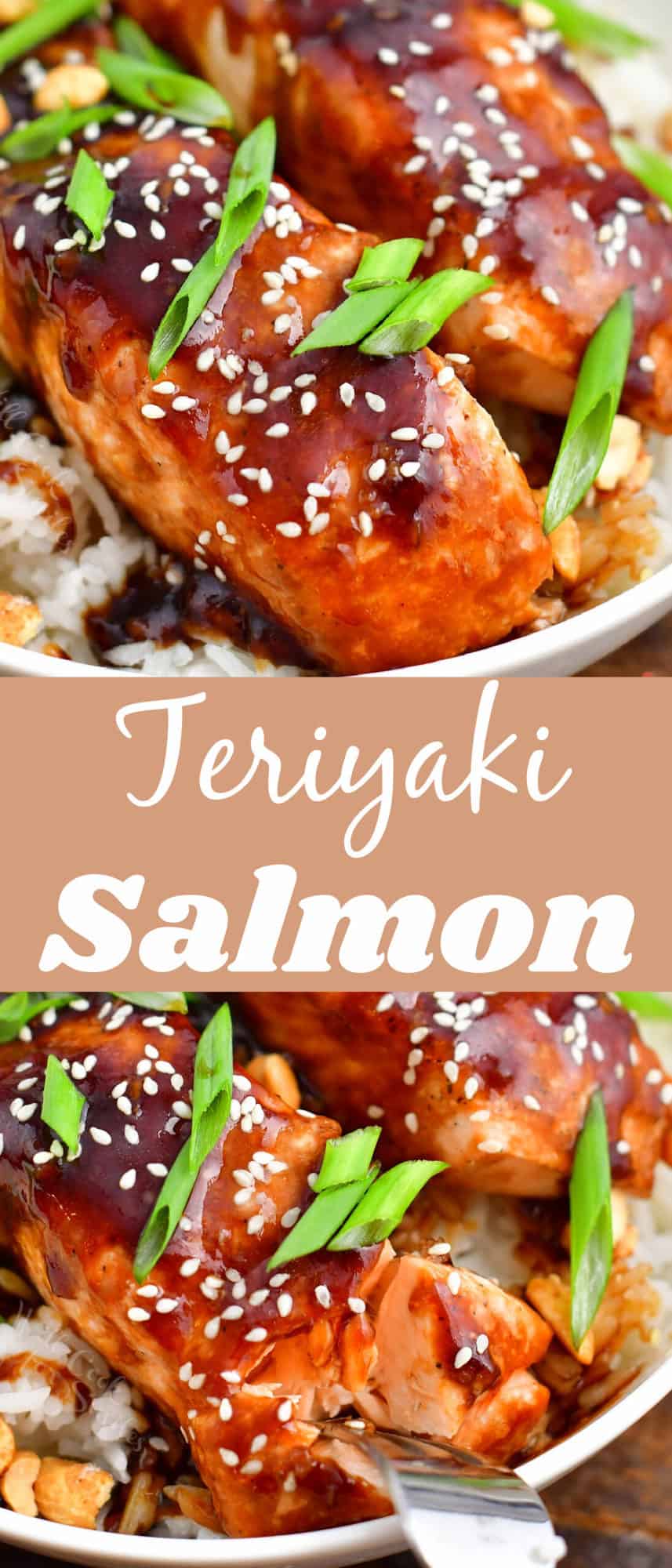 titled photo collage (and shown): teriyaki salmon over cooked rice in a bowl