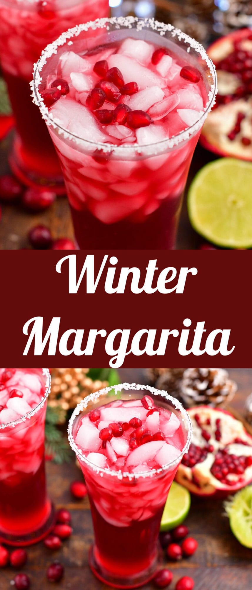 collage of two images of winter margarita cocktail in a glass up close and further away with title in the middle