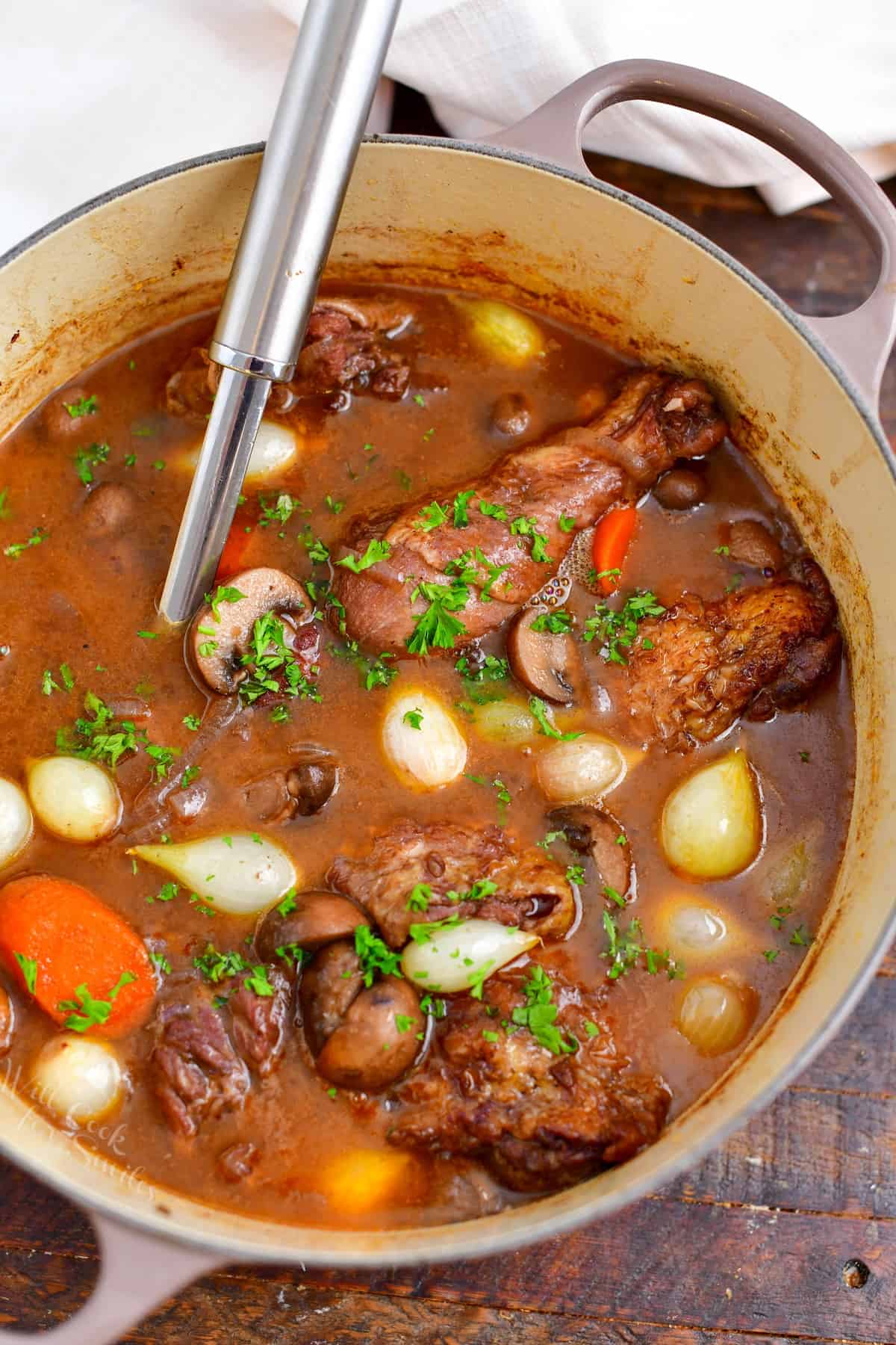 overhead: metal ladle in a pot of coq au vin