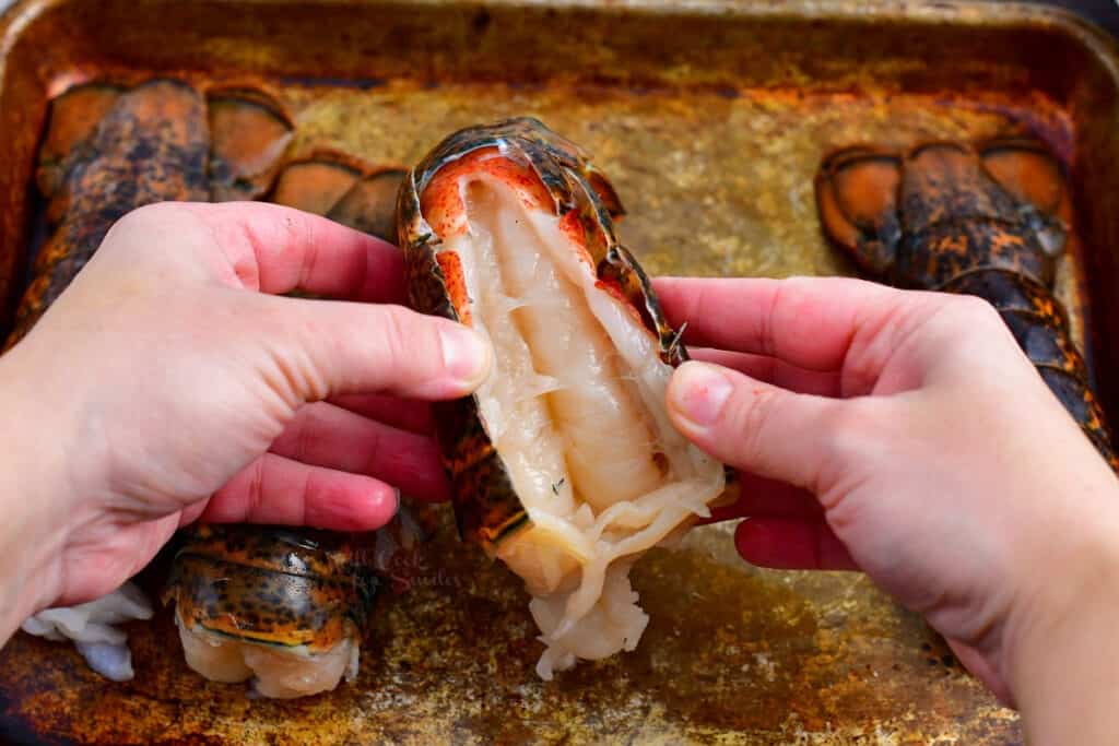 woman's hands holding shell of crustacean open with her fingers to reveal meat inside