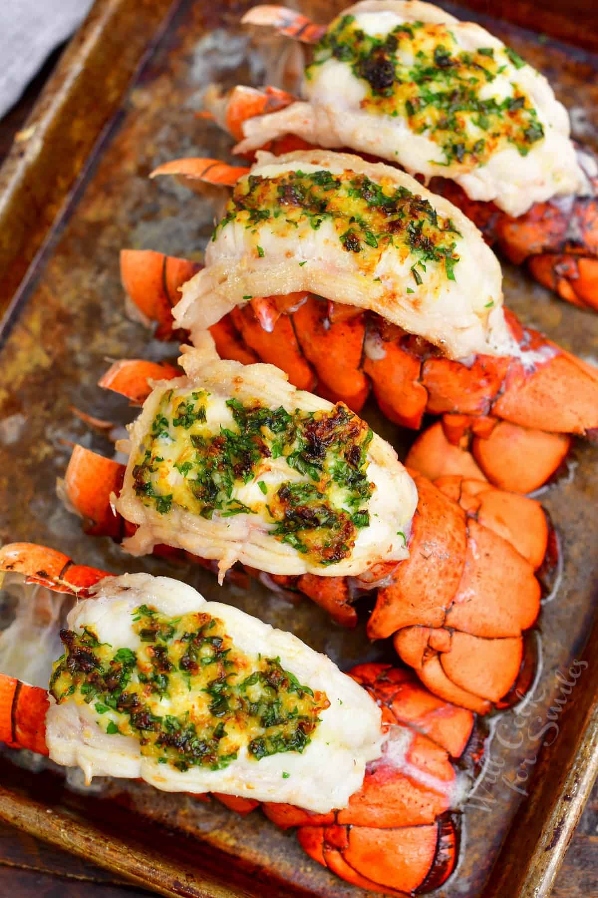 freshly baked lobster meat covered with herb butter sit on a sheet pan