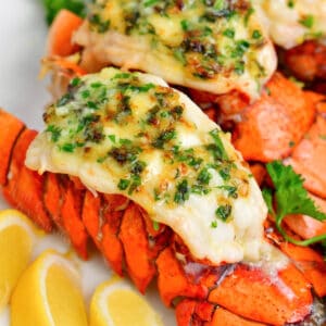 baked lobster tails topped with fresh parsley and herb butter