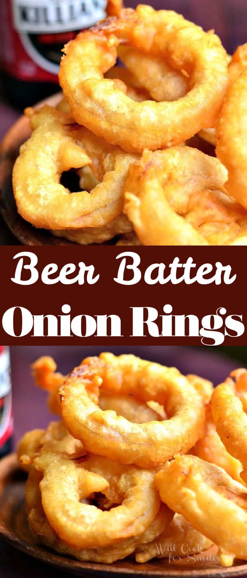 titled photo collage with two images of beer battered onion rings