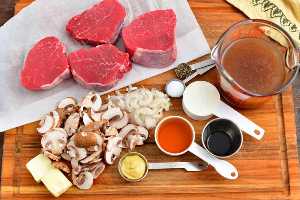 prepped and measured ingredients for steak diane