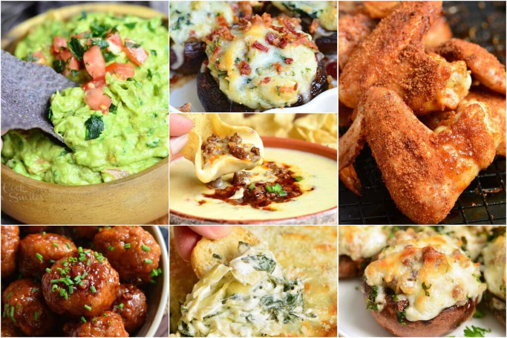 collage of seven appetizers including guac, wings, mushrooms, and dips