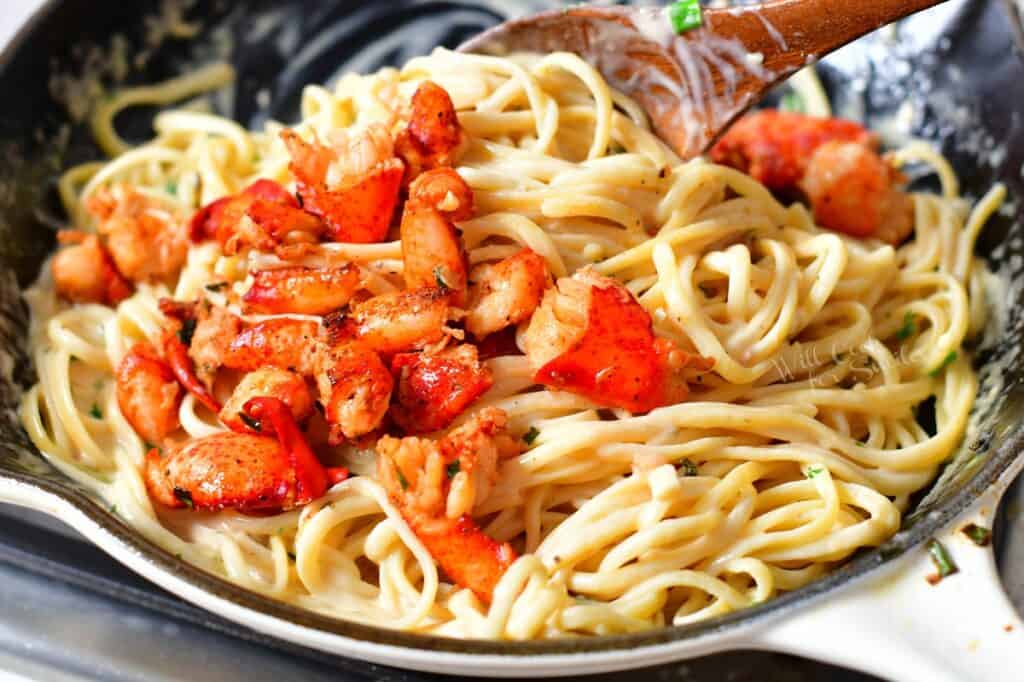 skillet of lobster pasta, close up