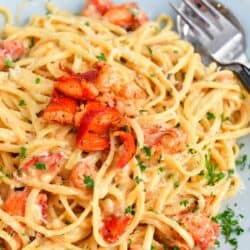 overhead image of seafood pasta
