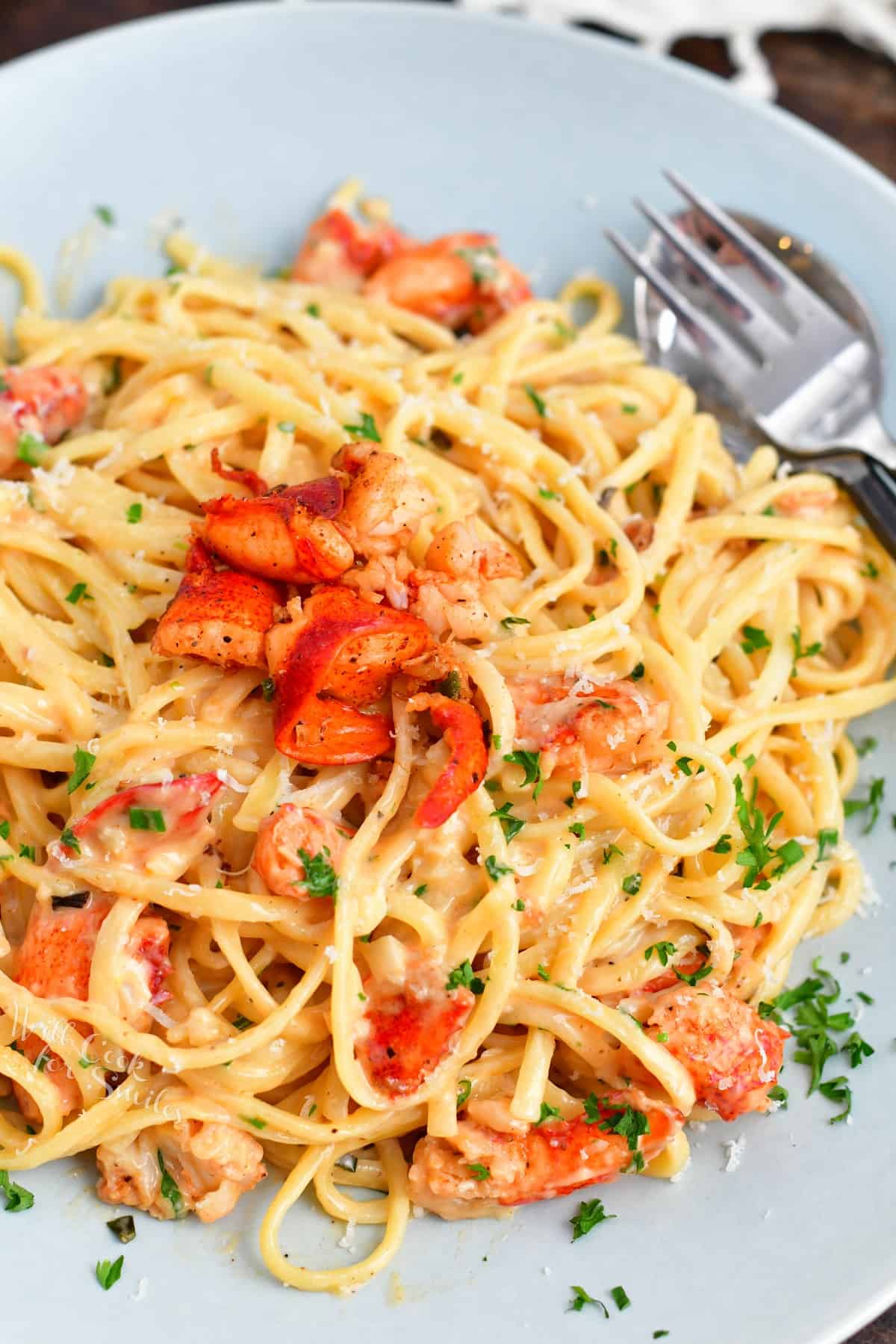 pasta mixed with cream sauce and bright lobster meat topped with parsley.