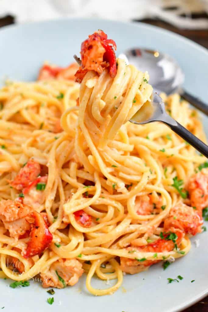 tender pasta twirled onto a fork with piece of lobster