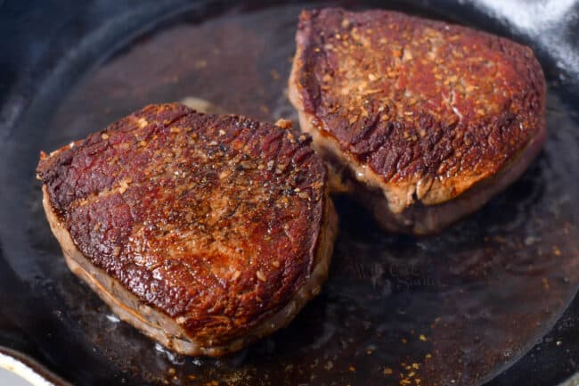 Cooked steaks in a pan