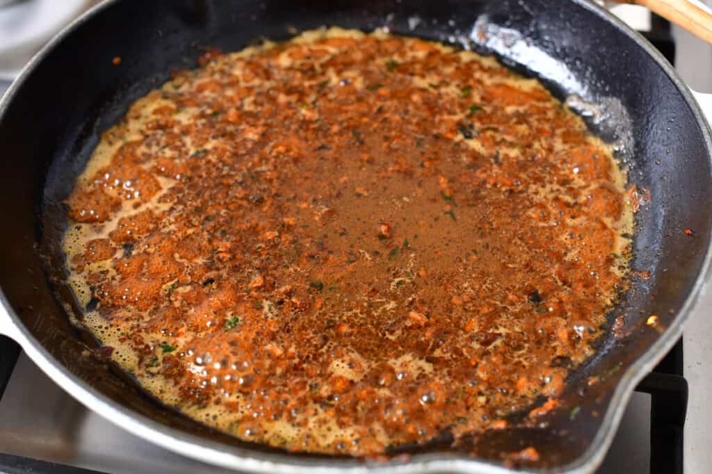 brown butter with herbs in skillet for a pan sauce