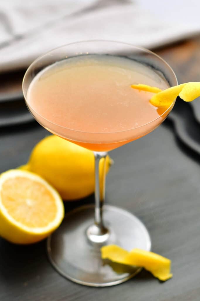 top view of the Sidecar cocktail in a glass with lemon twist