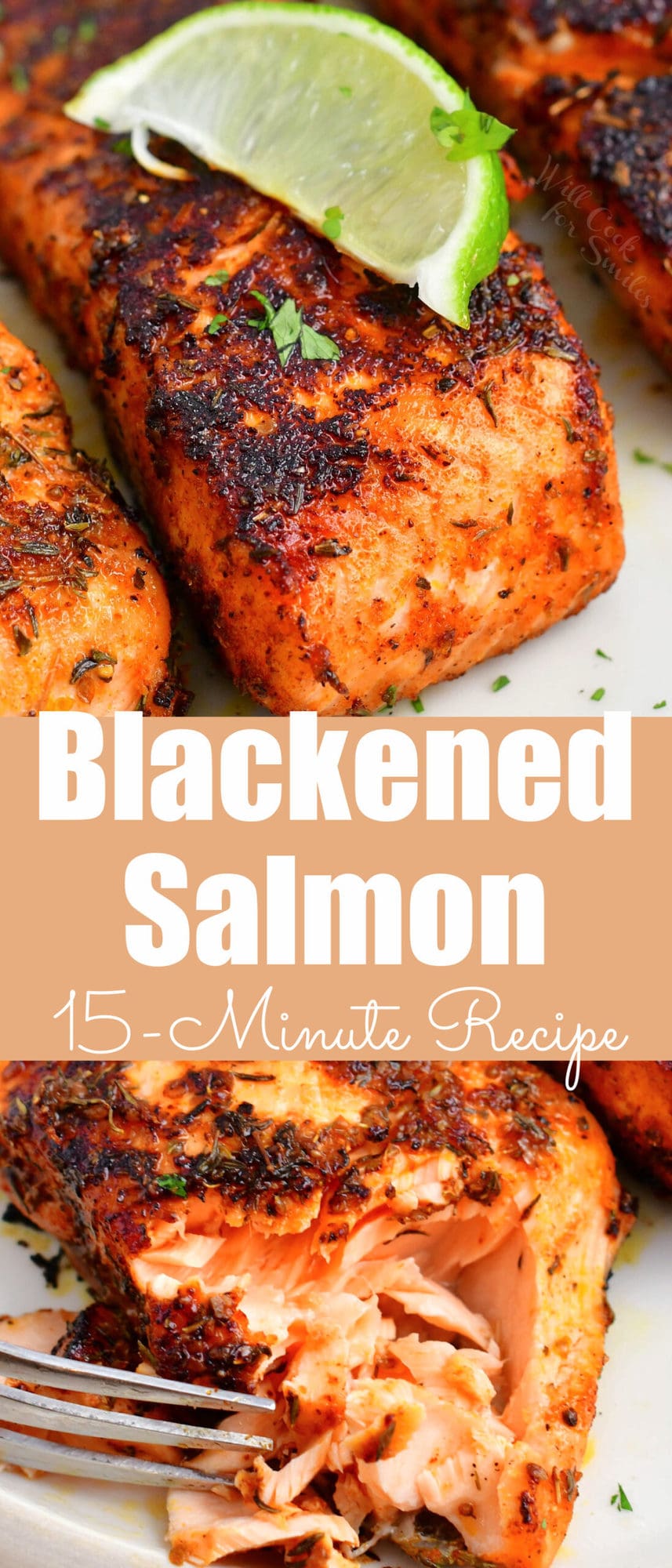 title collage of blackened salmon up close and flaked off salmon meat