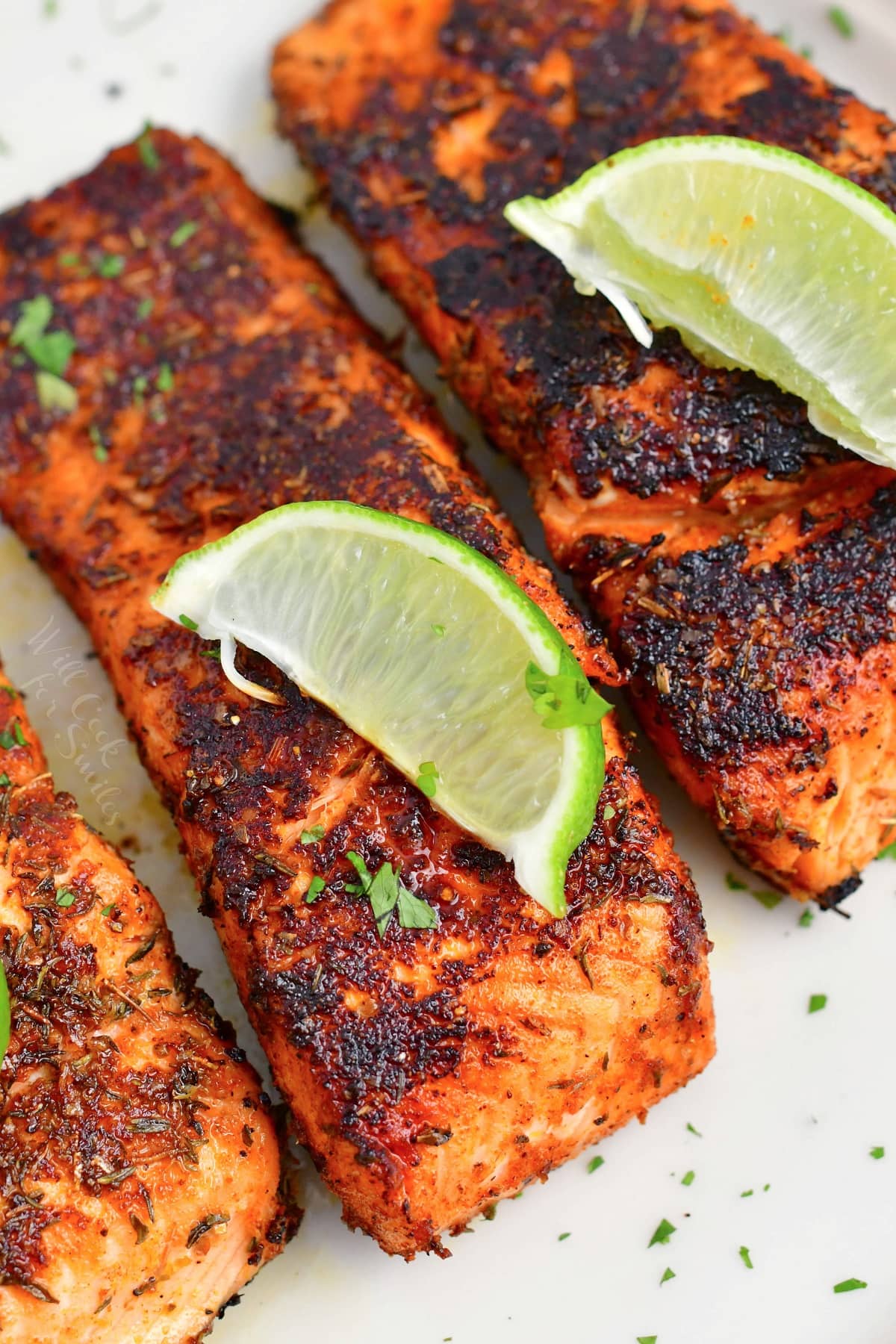 closeup top of salmon in the middle with lime wedge