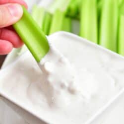 A piece of celery is dipped into a small bowl of blue cheese.