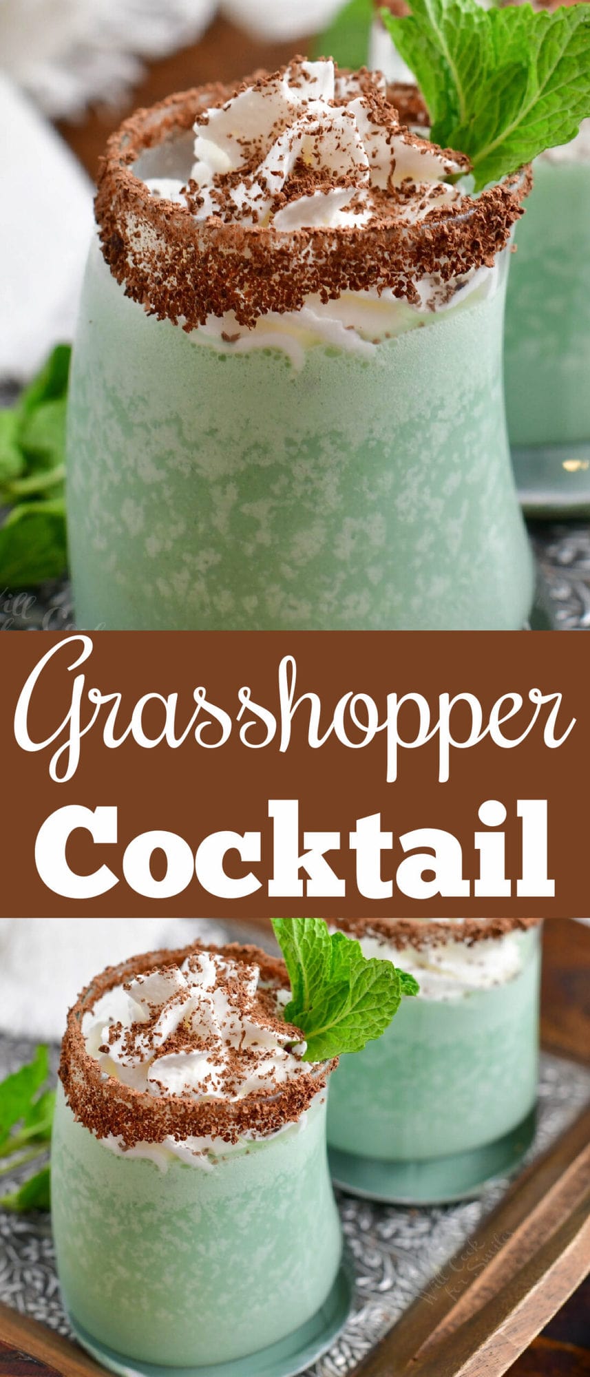title collage with closeup of grasshopper green drink and top view of the cocktail