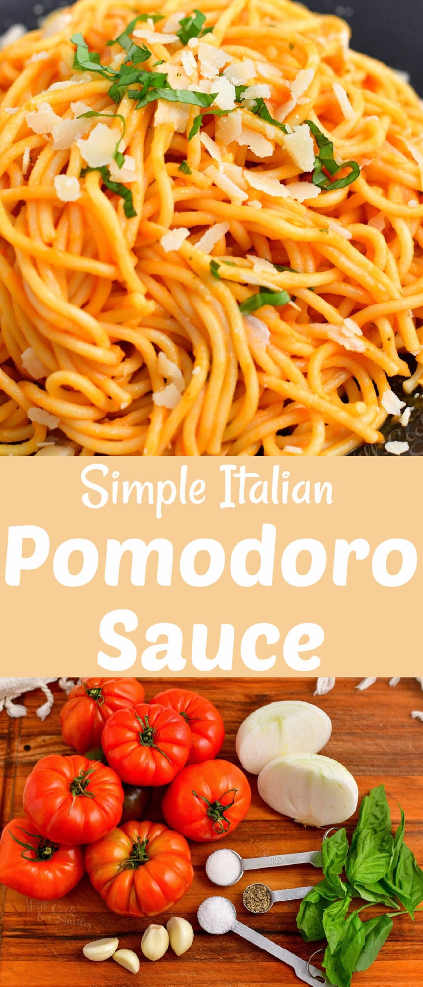 title collage of two images of spaghetti in tomato sauce on top and ingredients on a board