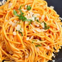 spaghetti tossed in Pomodoro sauce on a plate with Parmesan