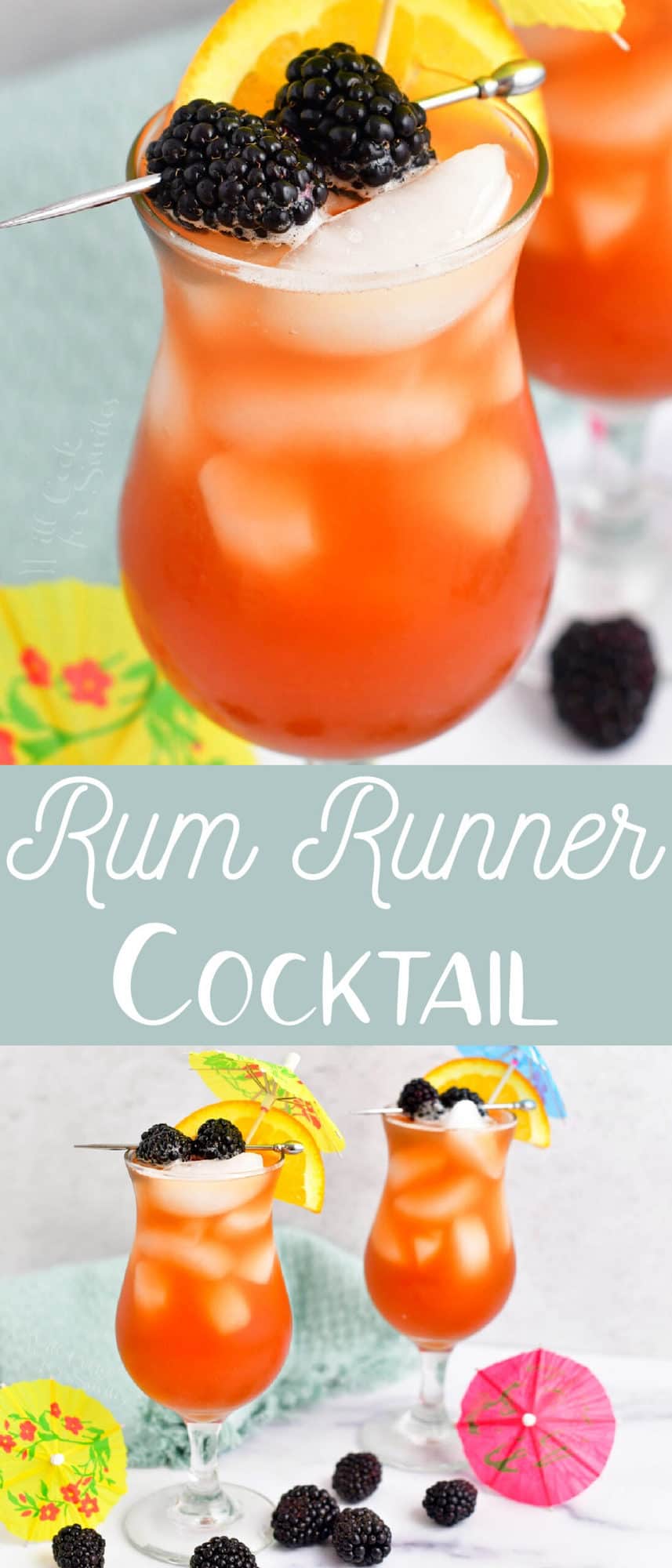 title collage of pink/orange tropical cocktails with a title and two photos