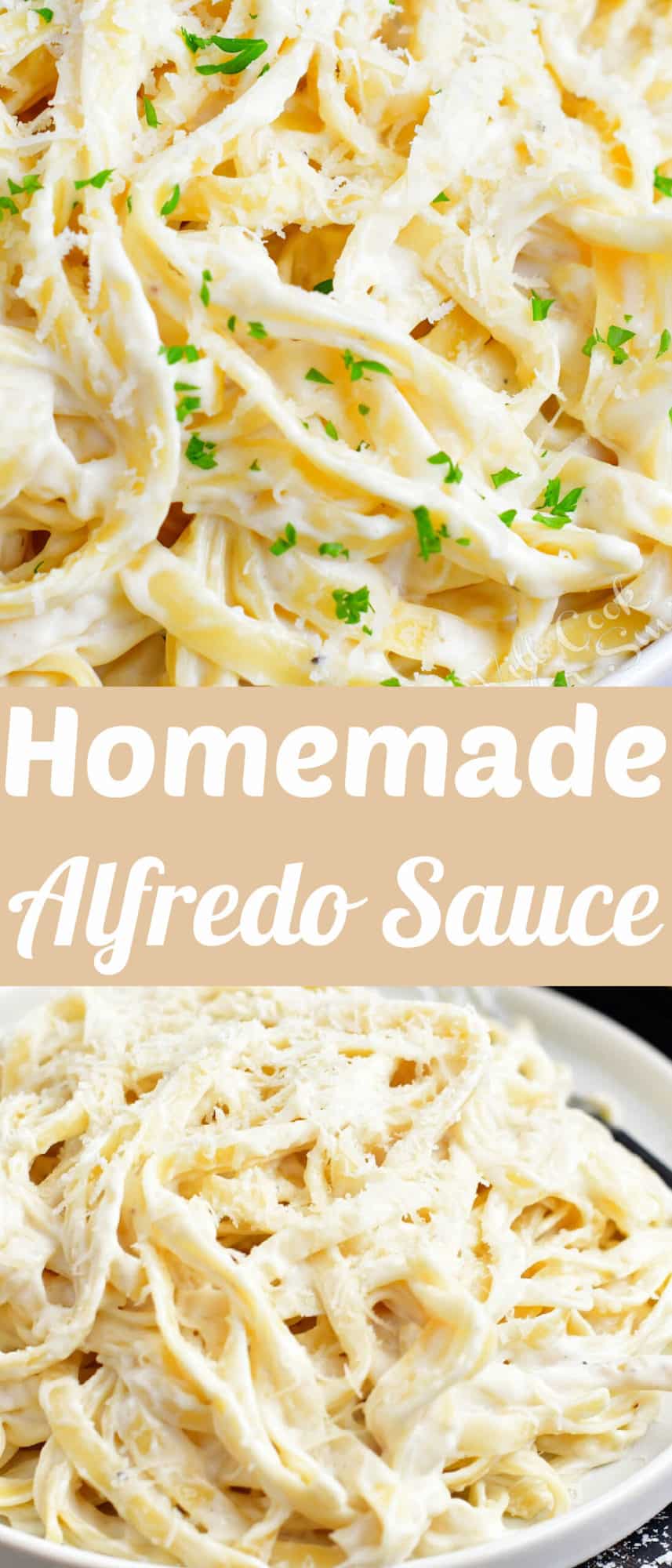 collage of two closeup images of fettuccine alfredo and title. 