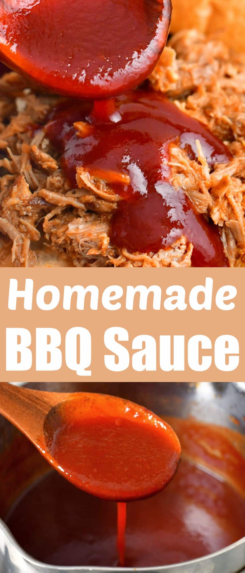 title collage of two images and title of recipe of sauce on pulled pork and sauce on spoon