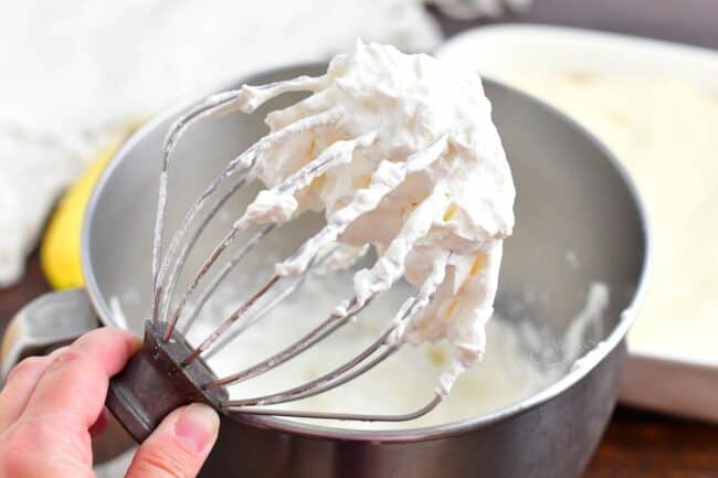 A whisk has whipped cream on it.