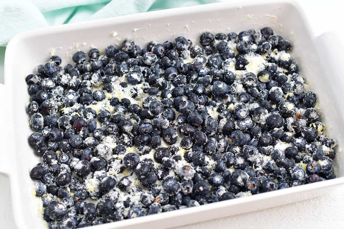 Blueberries and sugar are mixed together and spread evenly in a large white casserole dish. 