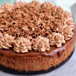 A chocolate cheesecake is covered with whipped cream and shaved chocolate.