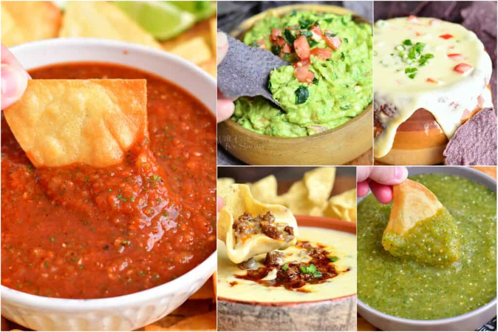 collage of red salsa, salsa verde, guacamole, and queso