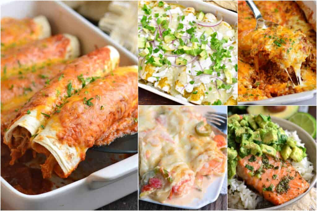 collage of different enchiladas and salmon bowl