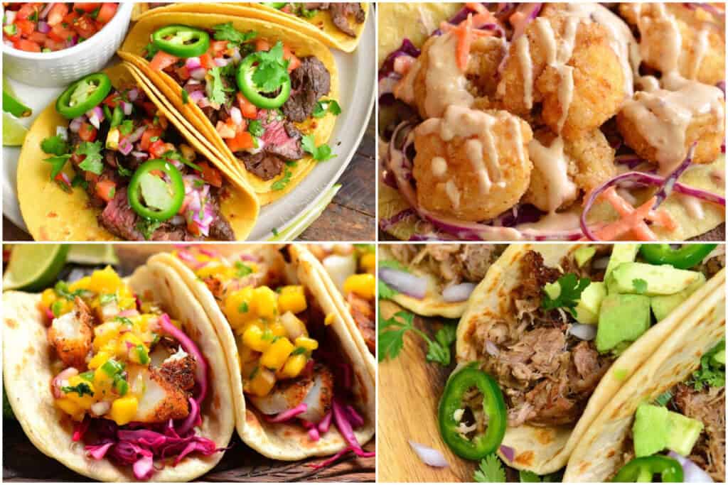 collage of four tacos: carne asada, pork, fish, and shrimp