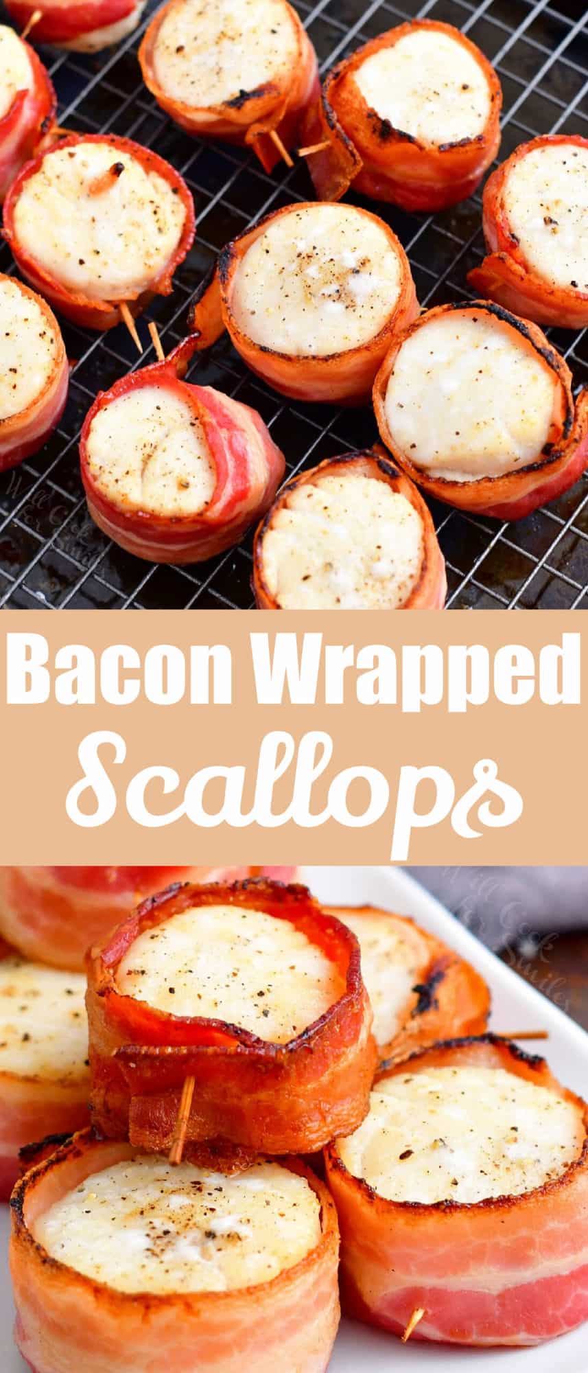 title collage of bacon wrapped scallops on baking sheet and on the serving plate