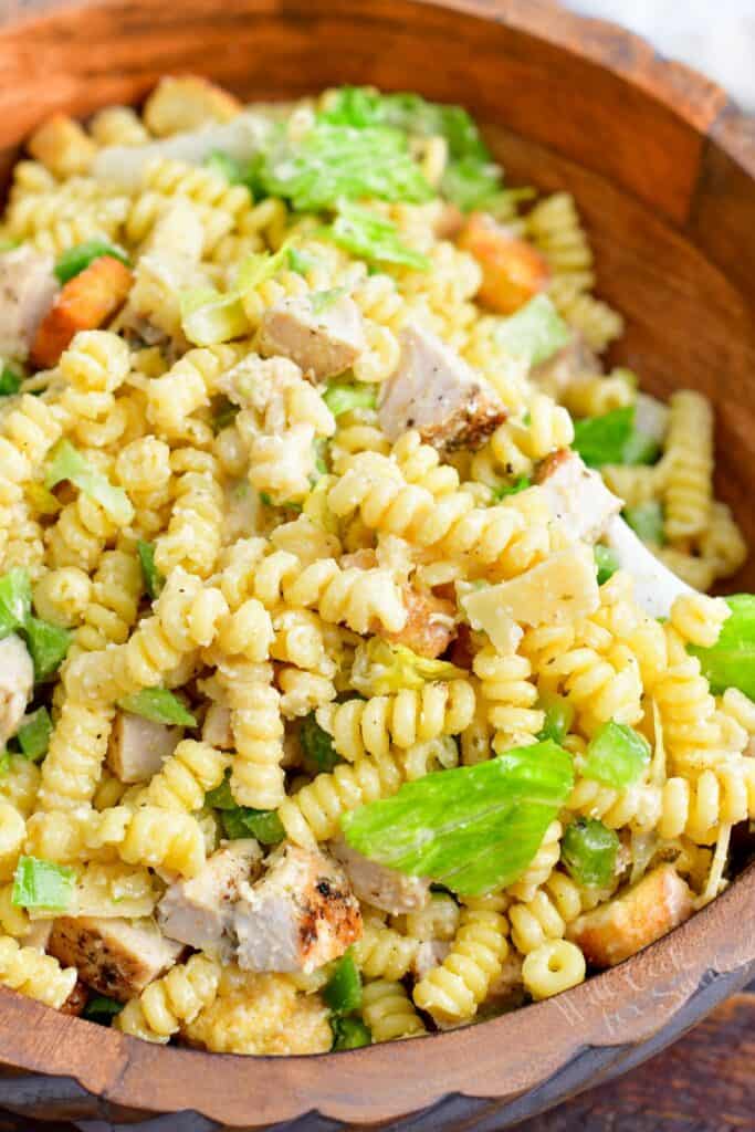 Pasta salad is ready to be served. 