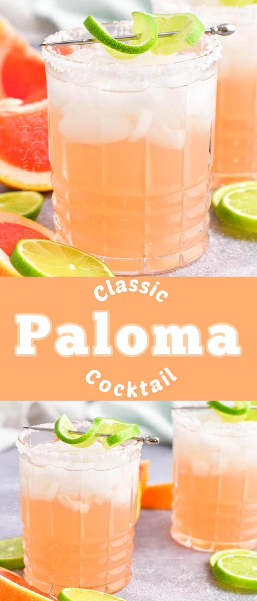 title collage with two images of Paloma cocktail in a glass with different angles