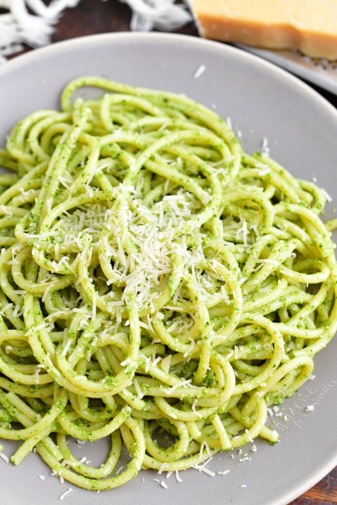 Pasta is plated on a white plate.