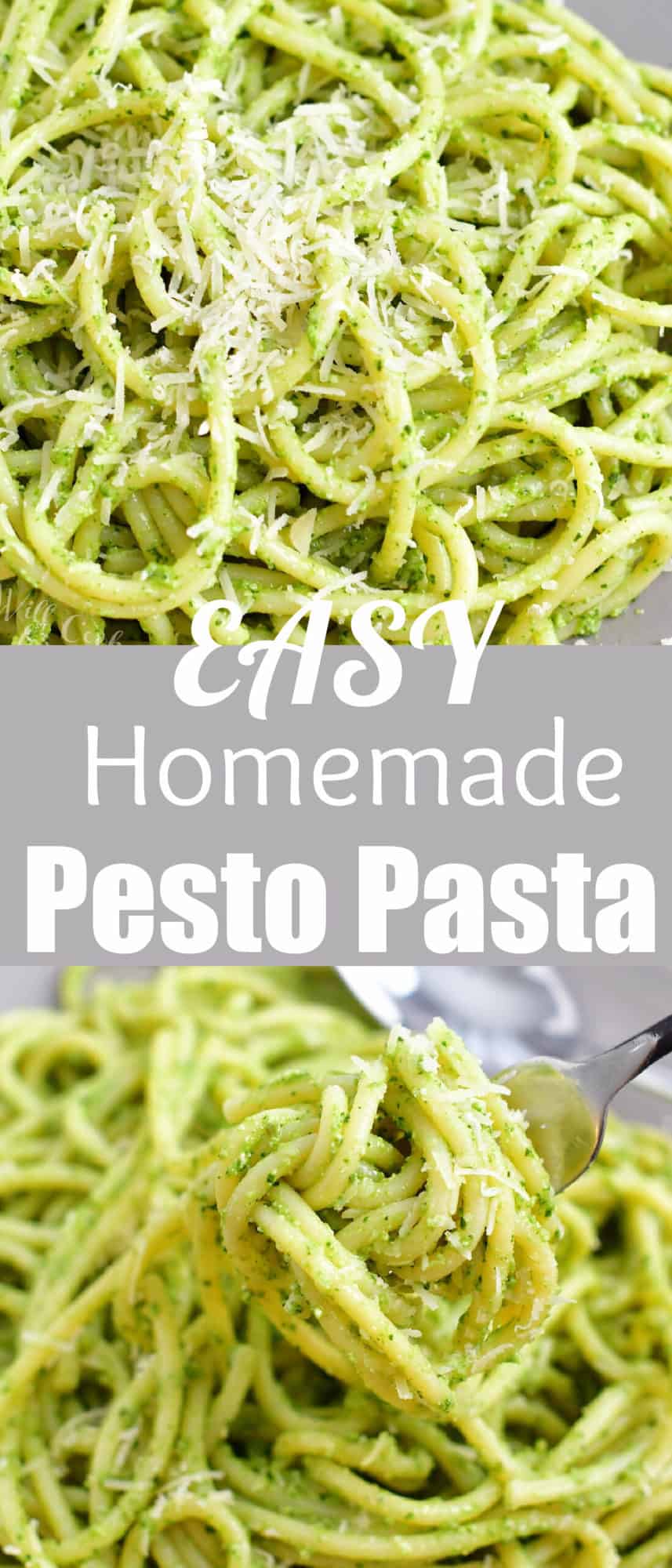 title collage of pesto pasta on the plate with parmesan on top and scooping it with fork