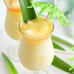 A pineapple leaf and mini umbrella garnish a pina colada.