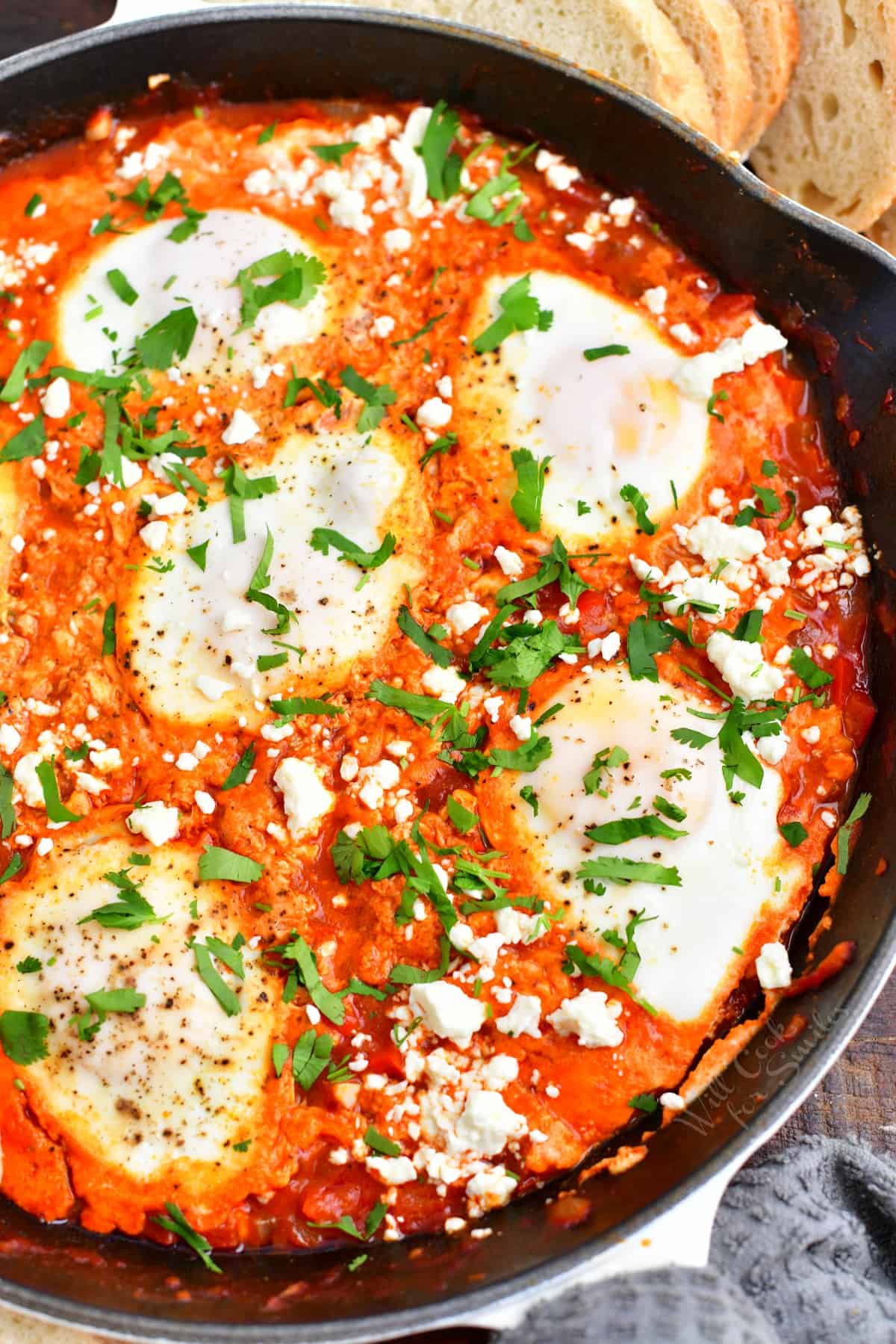 Shakshuka is garnished and ready to eat.