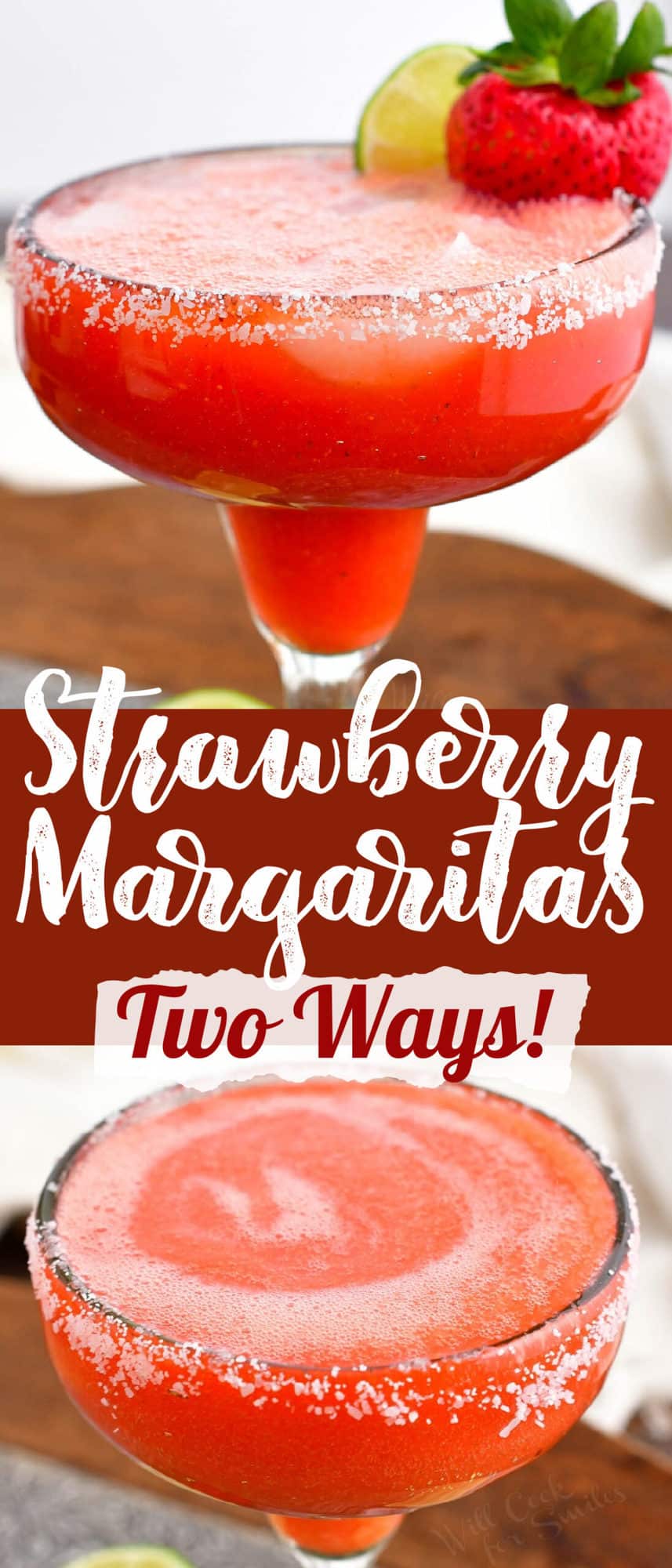 title collage with two images of frozen strawberry margarita in a glass with salted rim