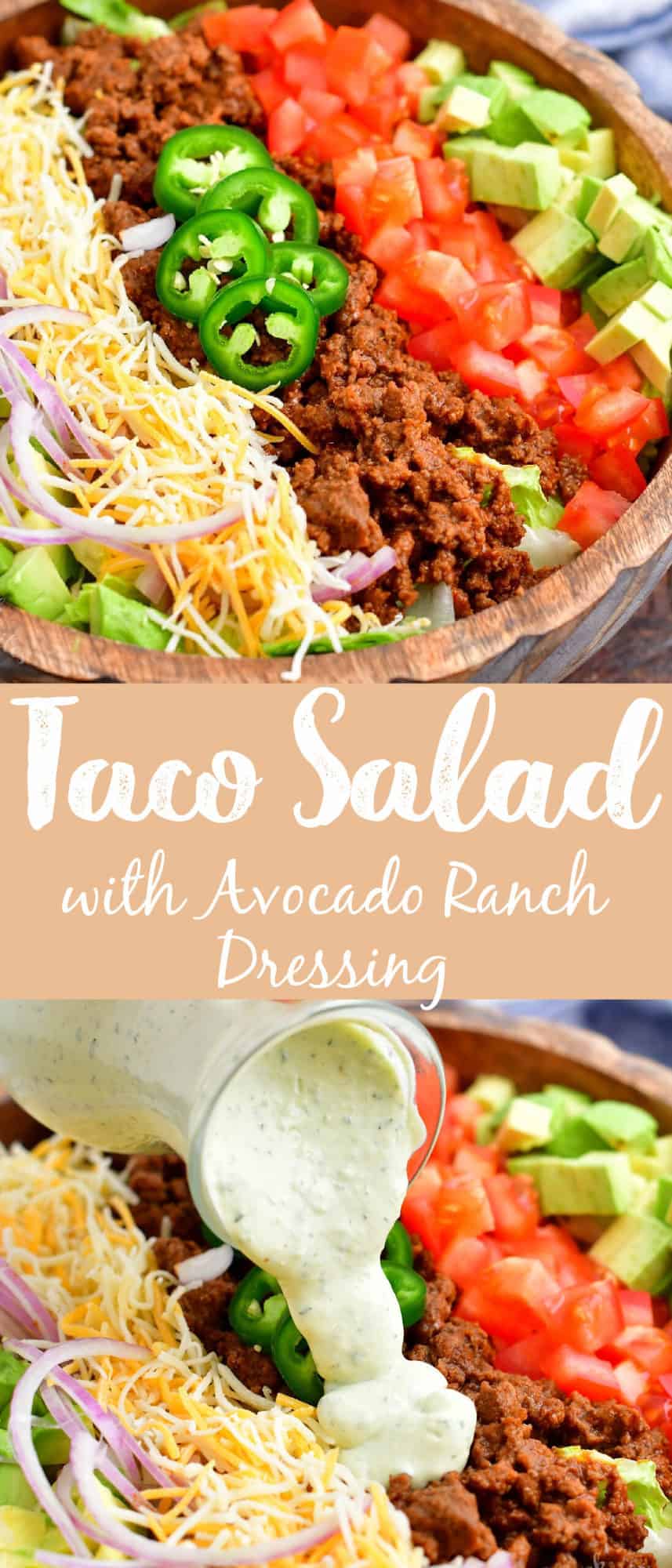 title collage with two images of taco salad layered in a bowl and pouring dressing on it