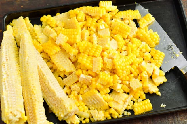 Corn has been cut off of the cob. 