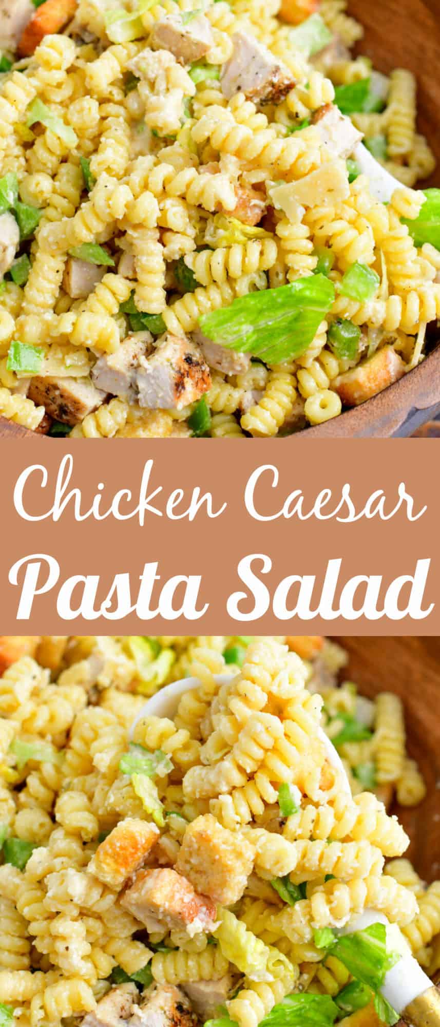 title collage image of close up on pasta salad and scooping pasta with title in the middle