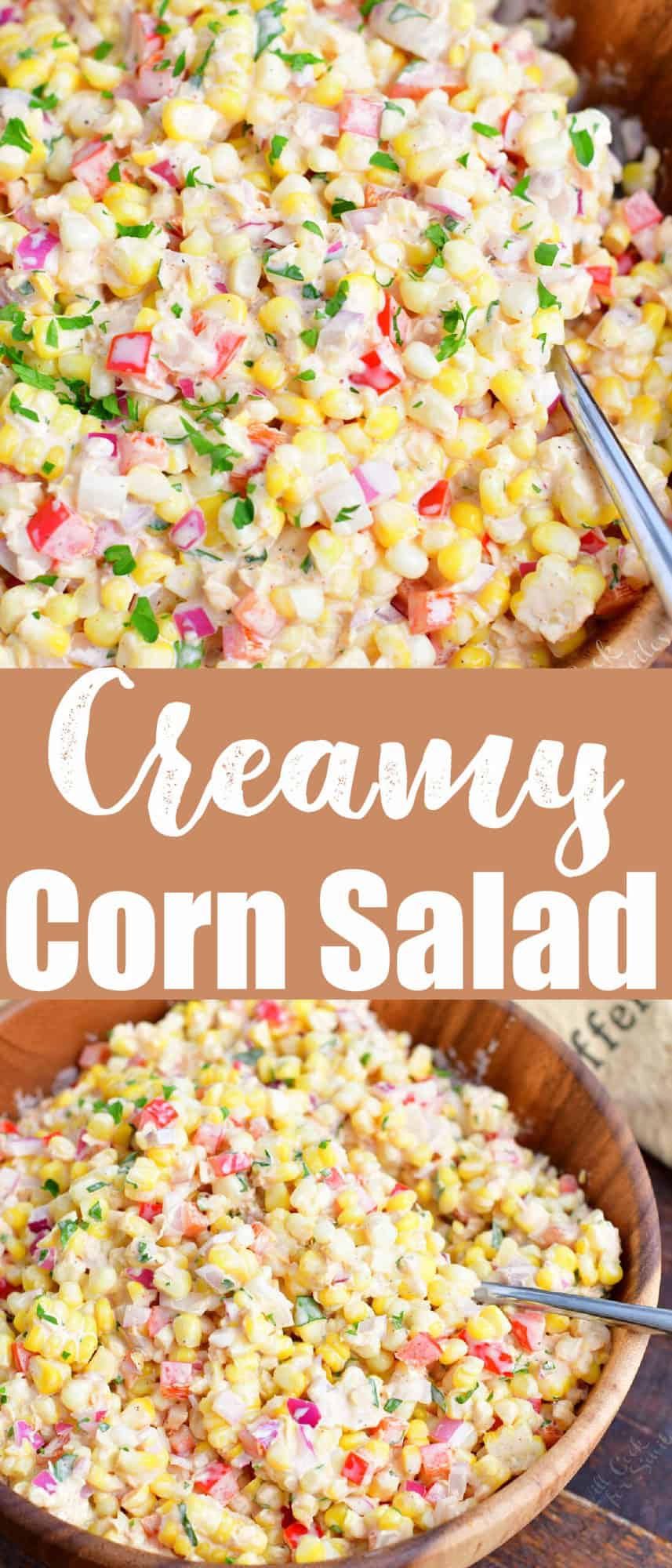 title collage of two images of close up corn salad and salad in a bowl and recipe name